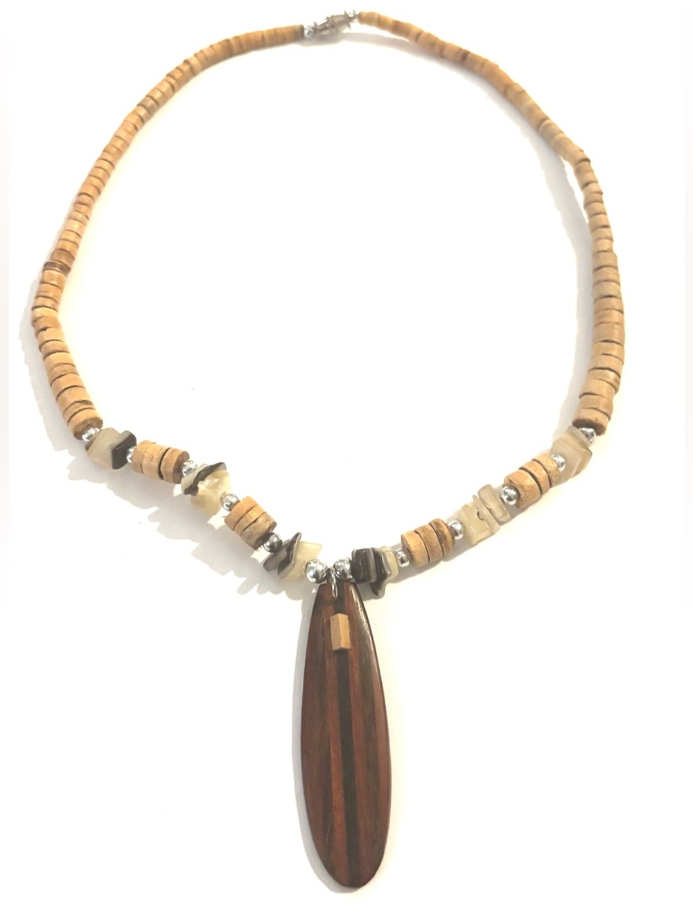 Handmade Natural Brown Wood Bead Necklace with Striped Teardrop Pendant